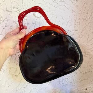 Vintage Lucite Handle Handbag, Black Vinyl Purse with Red Marbled Handles 1960